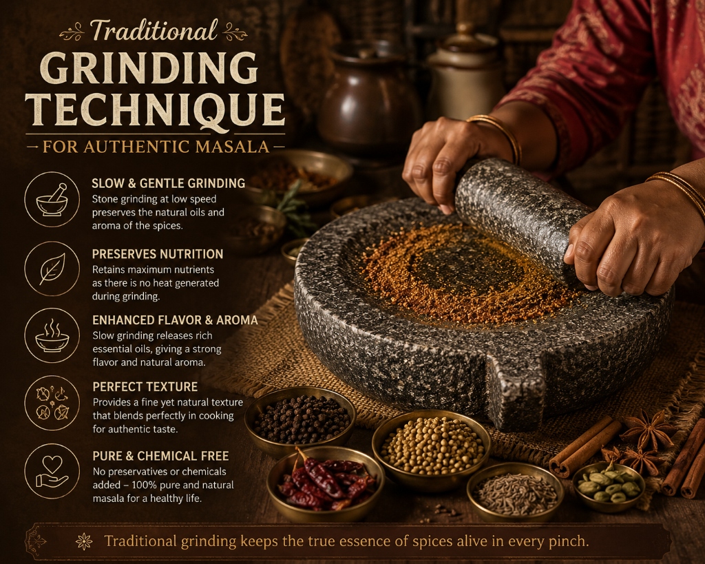 Traditional Grinding Technique for Authentic Masala - Slow & Gentle Grinding, Preserves Nutrition, Enhanced Flavor & Aroma, Perfect Texture, Pure & Chemical Free